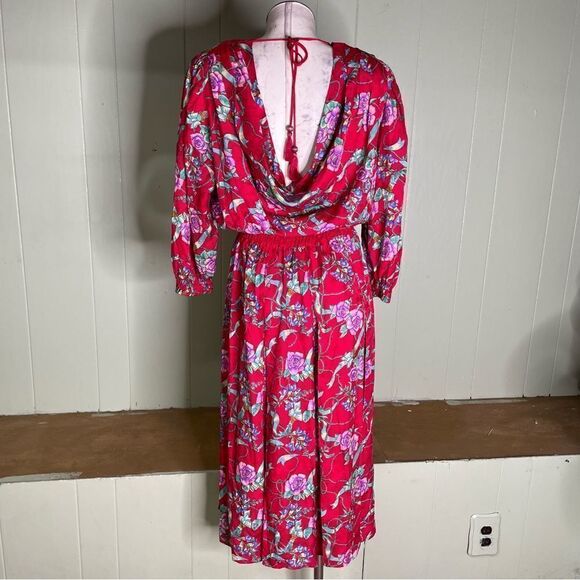 Vintage 80s Designer Diane Freis 100% Silk Beaded Plunge Floral‎ Midi Dress S M - Picture 7 of 12